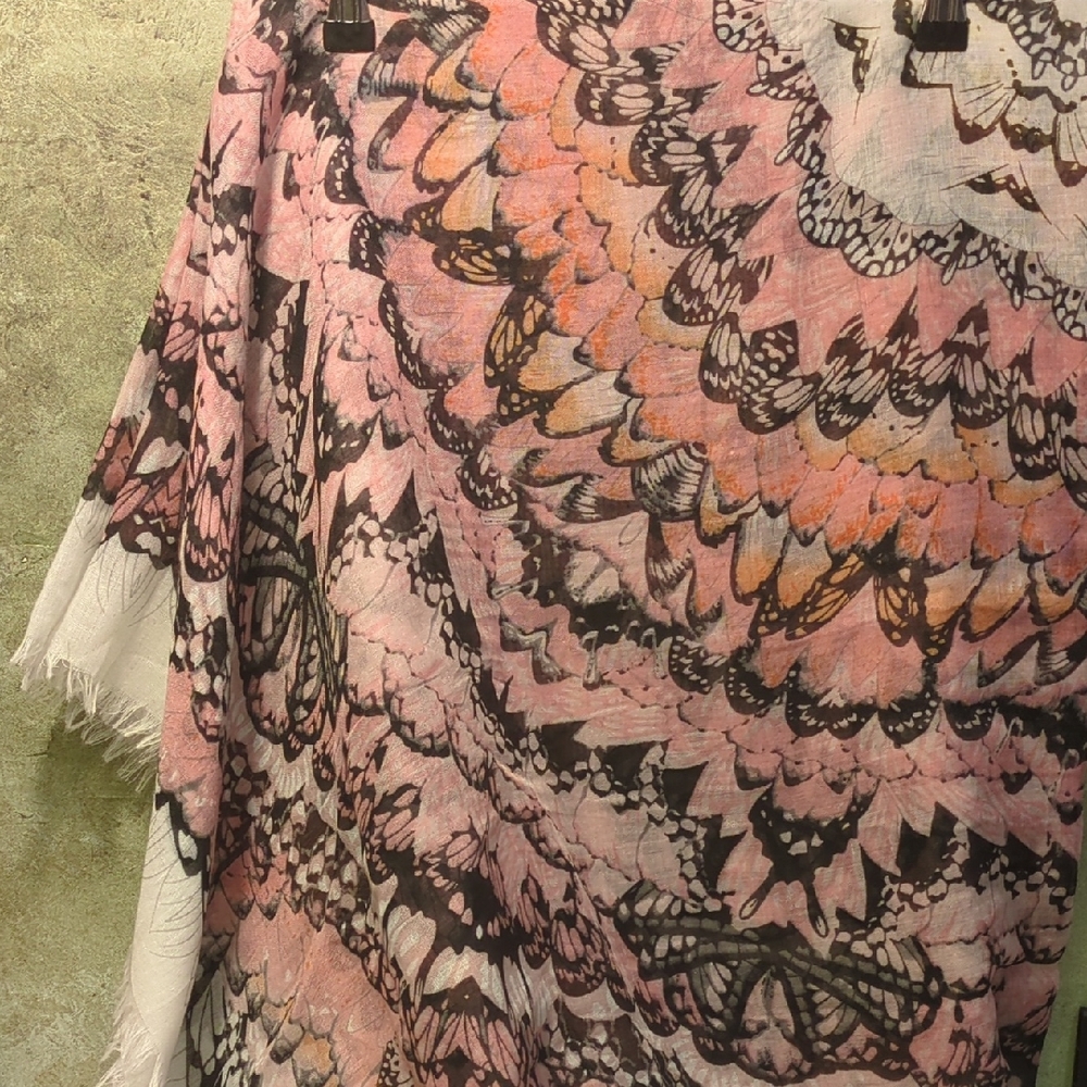 Pink And Black Circular Design On White Scarf | Self Fringed Edges | 54" Square